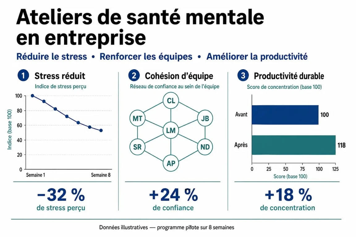 Infographie des bénéfices des ateliers de santé mentale en entreprise à Lyon