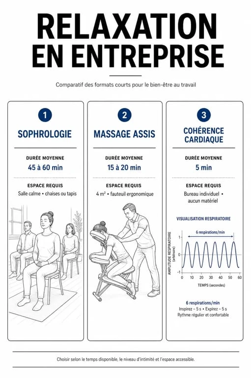 Tableau comparatif des ateliers de relaxation en entreprise à Lyon : sophrologie, massage assis et cohérence cardiaque