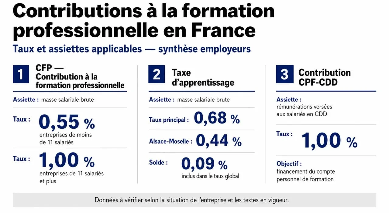 Infographie récapitulative des taux et assiettes des contributions à la formation professionnelle