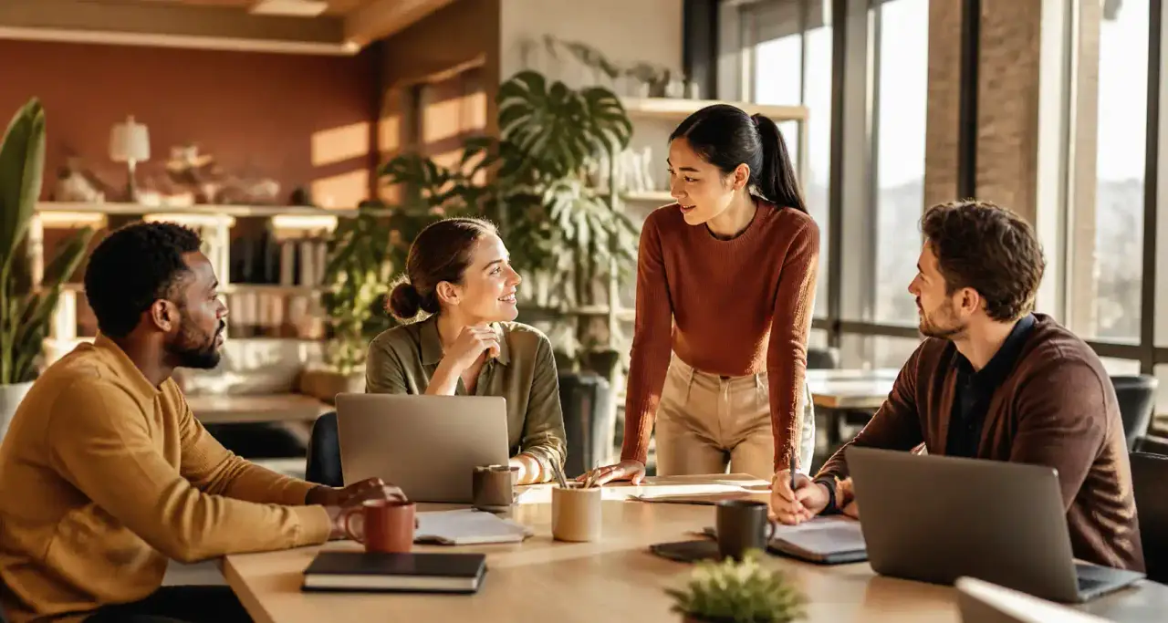 Une équipe de professionnels collabore autour d'une table dans un espace de travail lumineux et moderne