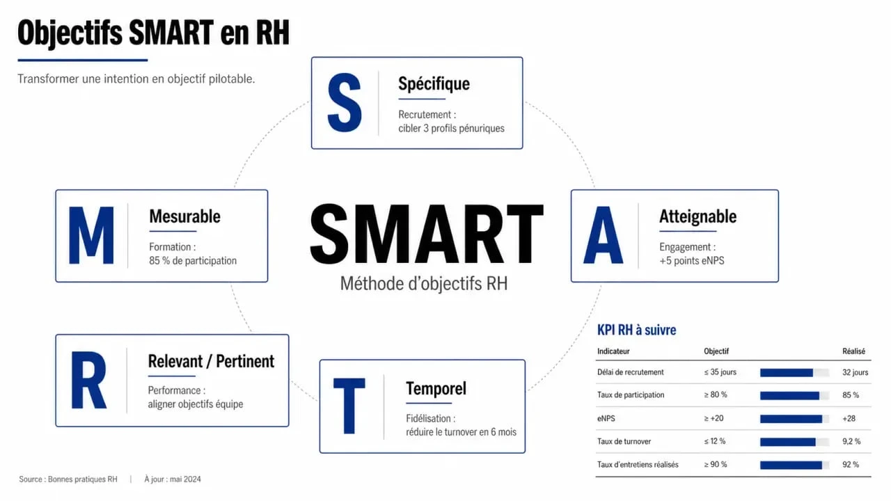 Infographie smart ressources humaines sur les 5 critères SMART et des exemples de KPI RH