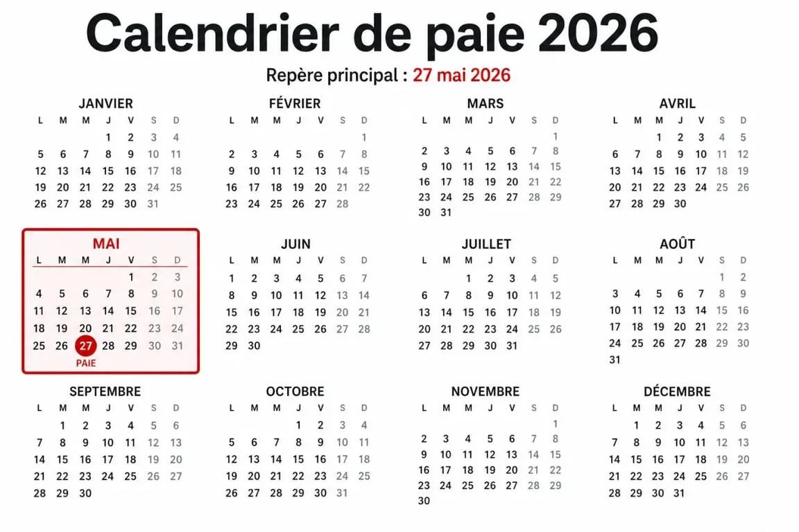 Paie mai 2026 : calendrier 2026 avec le 27 mai 2026 mis en évidence
