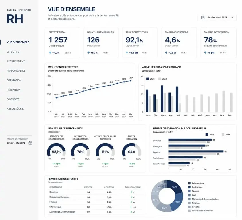 Exemple de tableau de bord ressources humaines avec indicateurs clés de performance
