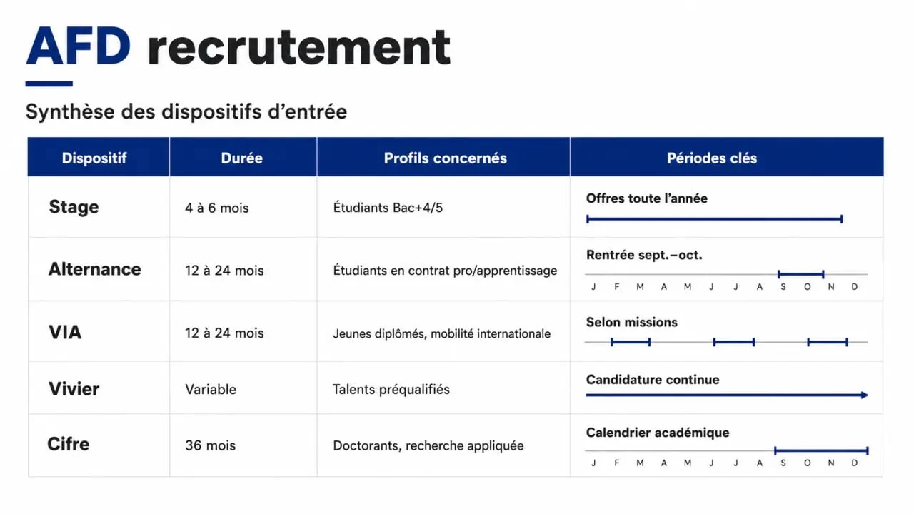 AFD recrutement : synthèse visuelle des dispositifs stage, alternance, VIA, Vivier et Cifre