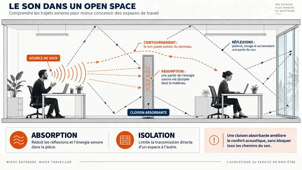 Schéma du fonctionnement d’une cloison acoustique bureau open space entre absorption et isolation