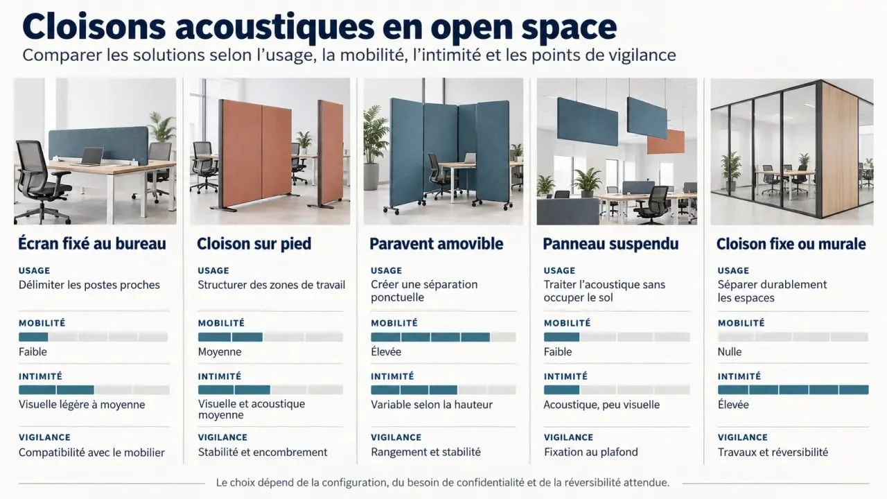 Infographie comparative des types de cloison acoustique bureau open space
