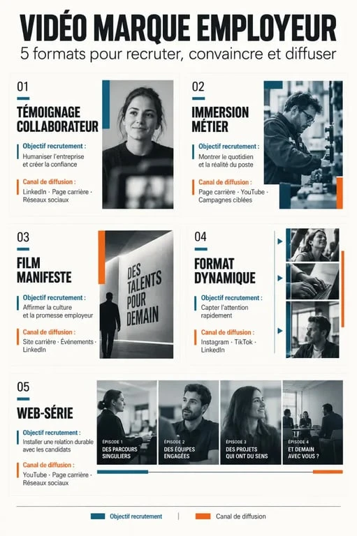 Infographie des formats de vidéo marque employeur et de leurs usages en recrutement