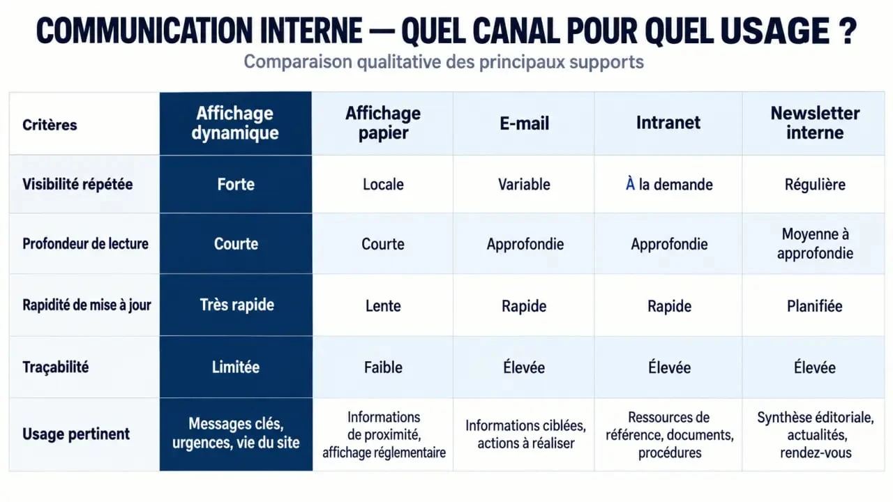 Affichage dynamique communication interne comparé à l’affichage papier, l’e-mail, l’intranet et la newsletter