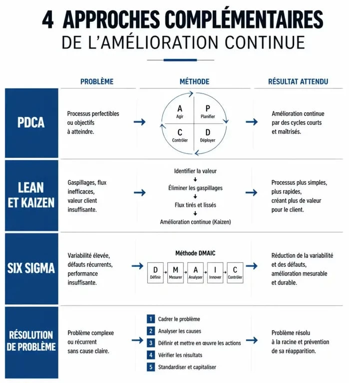 Infographie de formation en amélioration continue comparant PDCA, Lean, Kaizen et Six Sigma