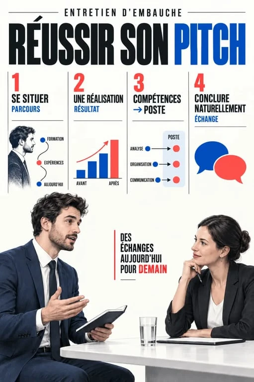 Pitch d’entretien d’embauche structuré en quatre étapes face à un recruteur