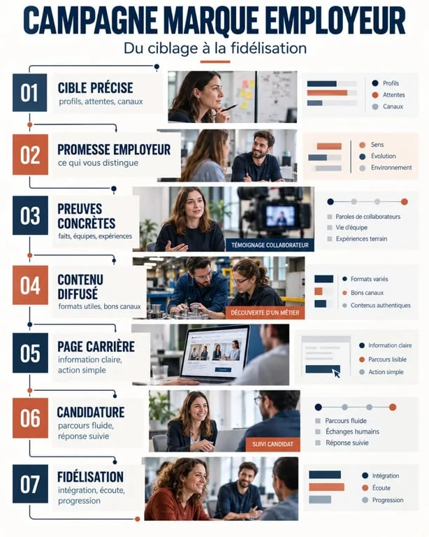 Infographie sur une campagne marque employeur reliant promesse, preuves, diffusion et candidatures