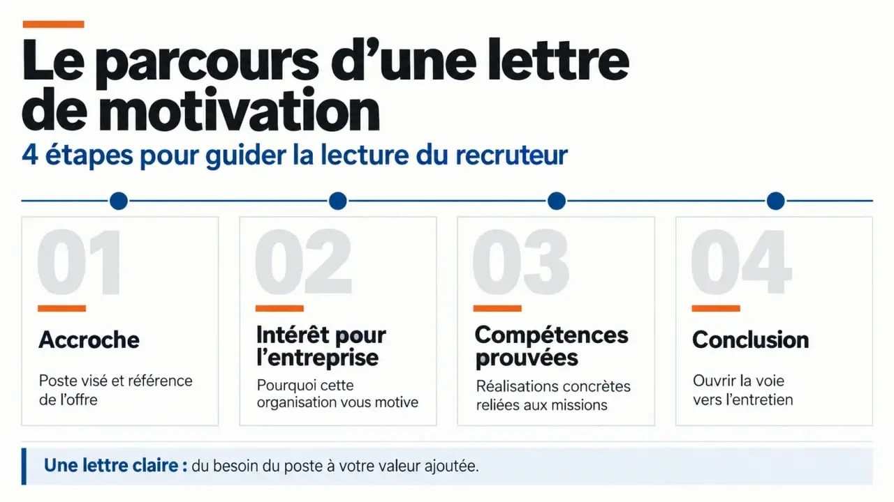 Structure lettre de motivation en quatre étapes : accroche, entreprise, compétences et conclusion