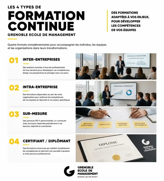 Infographie des formats de formation continue chez Grenoble Ecole de Management GEM