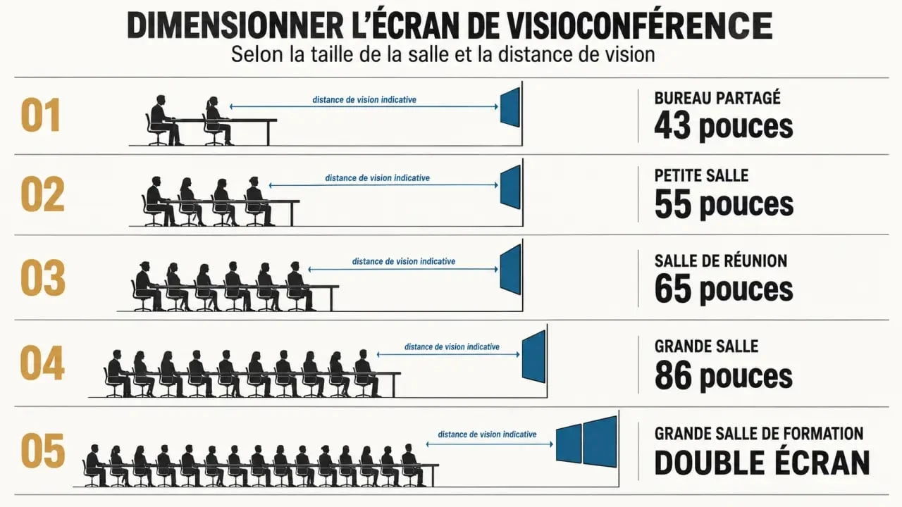 Infographie sur le dimensionnement d’un écran de visioconférence selon la taille de la salle