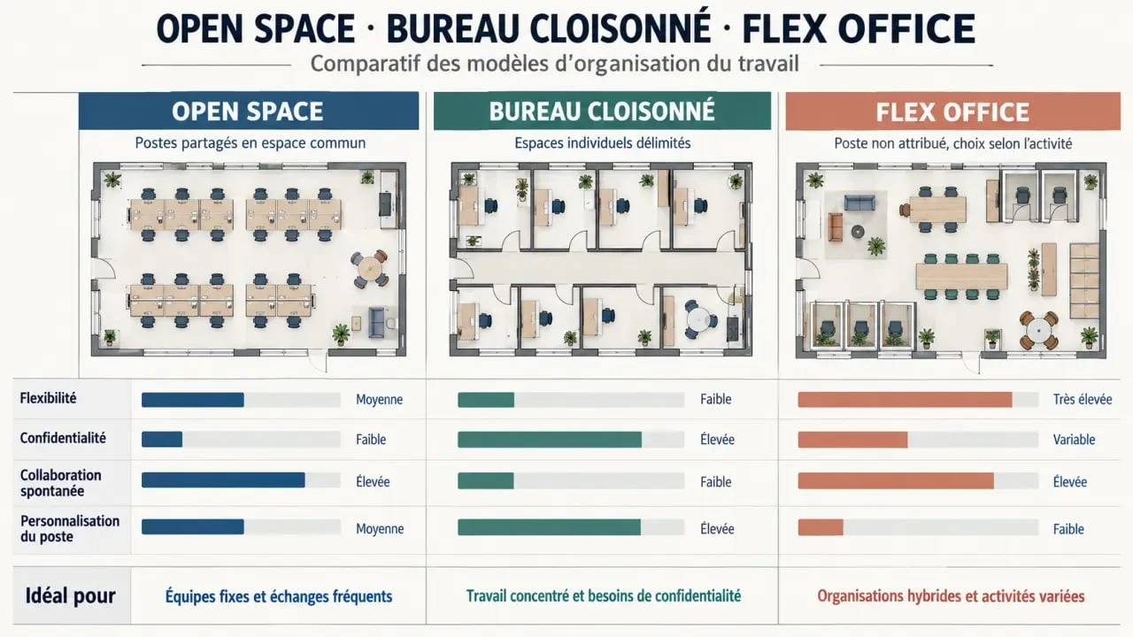 Comparatif entre open space, bureau cloisonné et flex office