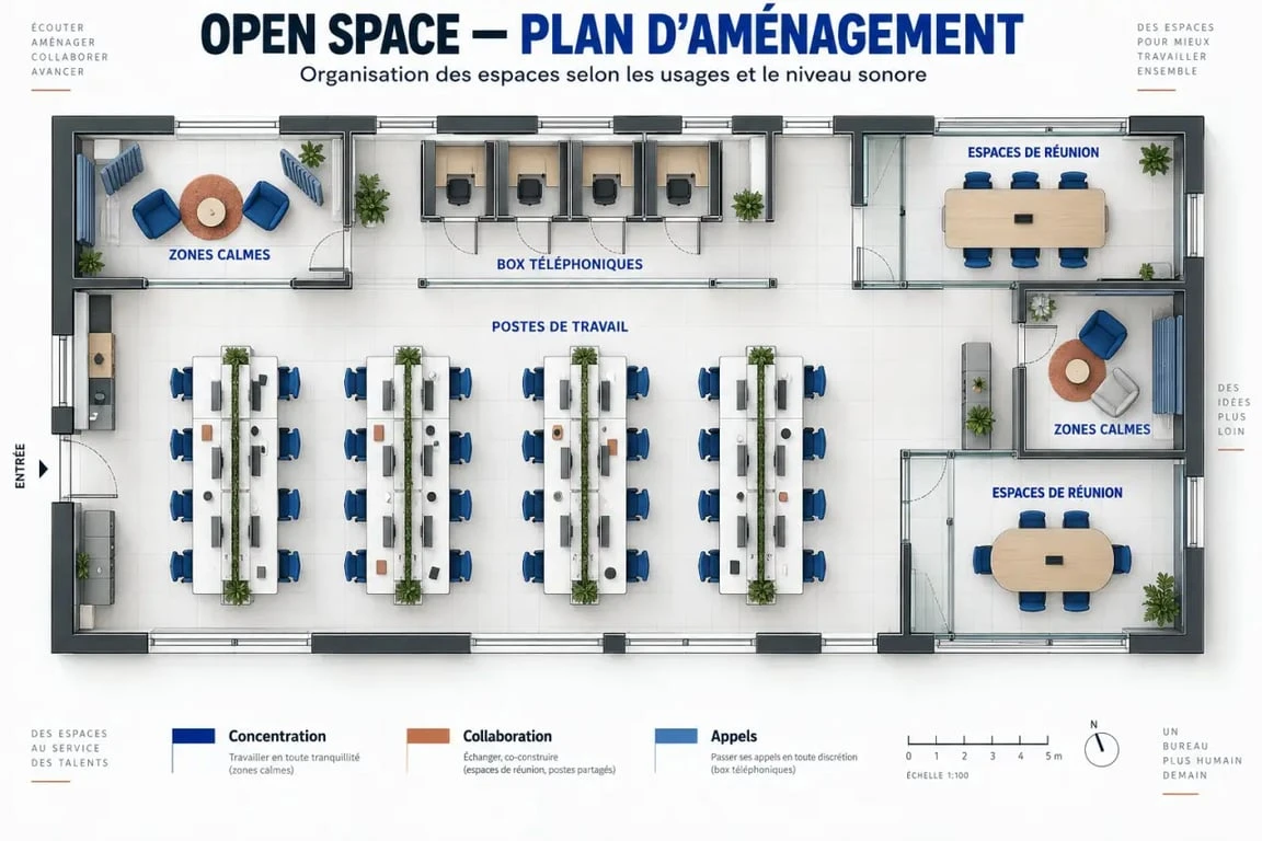 Schéma d'aménagement d'un open space avec zones de travail et de calme
