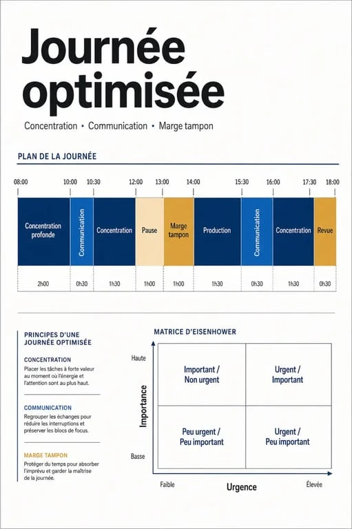 Optimisation du temps de travail avec blocs de concentration, fenêtres de communication et matrice d’Eisenhower
