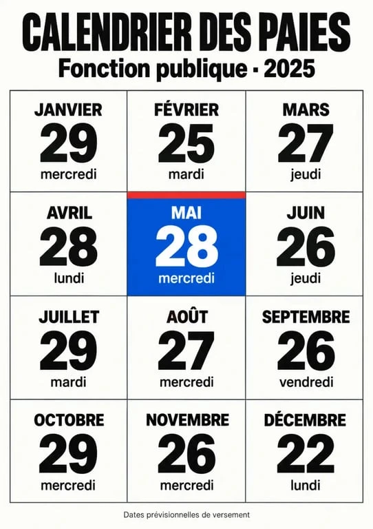 Calendrier des dates de paie des fonctionnaires pour mai 2025 et le reste de l'année