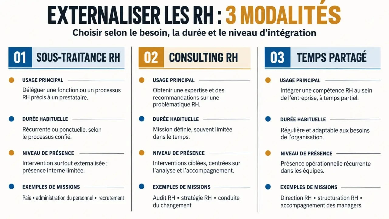 Infographie comparative des trois modalités d’externalisation ressources humaines