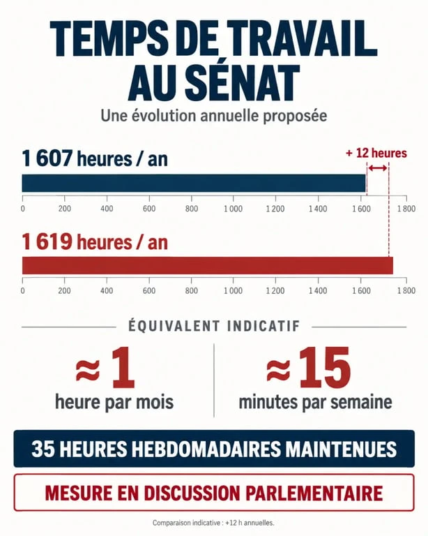 Infographie sur le sénat temps de travail et le passage proposé de 1 607 à 1 619 heures
