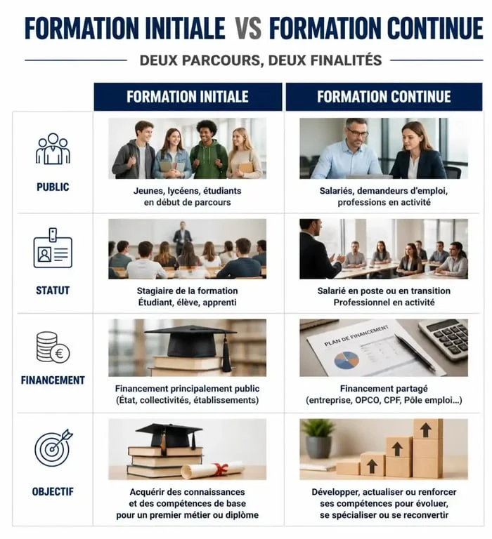 Infographie comparative entre formation initiale et formation continue pour comprendre la différence entre les deux dispositifs.