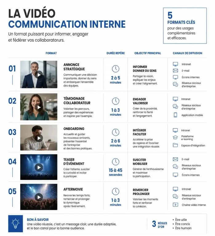 Infographie sur les formats de vidéo communication interne, leurs objectifs et leurs canaux de diffusion