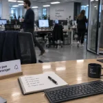 Travailler dans un open space : bureau avec panneau Ne pas déranger, collègues floutés
