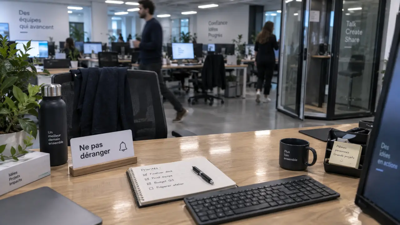Travailler dans un open space : bureau avec panneau Ne pas déranger, collègues floutés