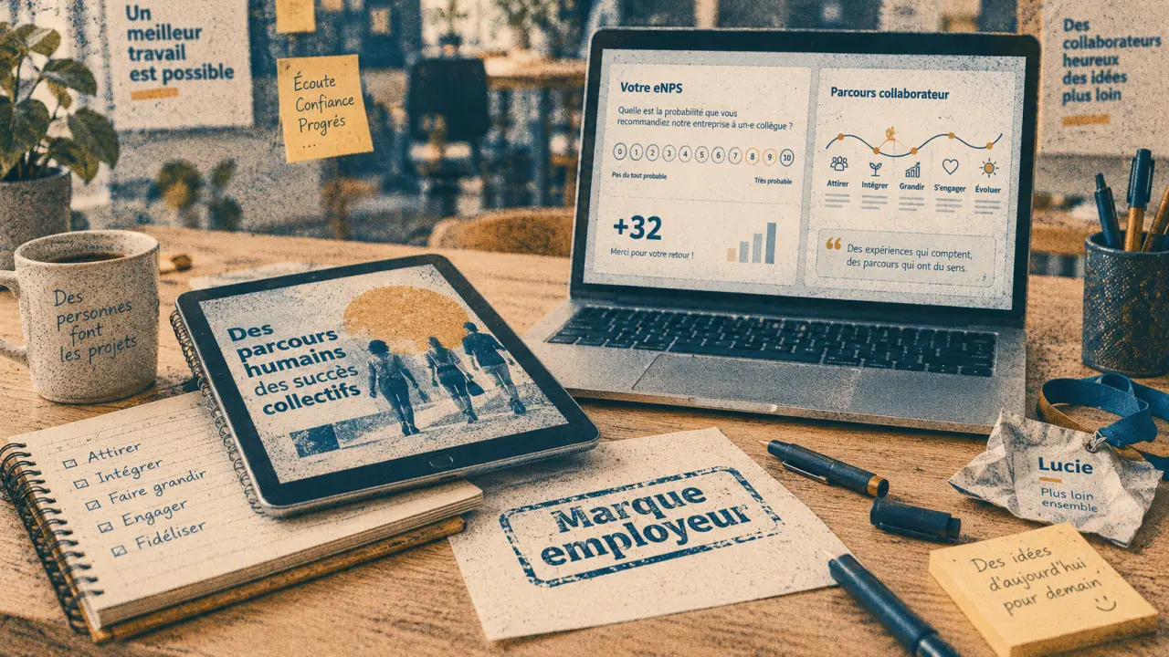 Communication marque employeur : eNPS et parcours collaborateur sur un bureau