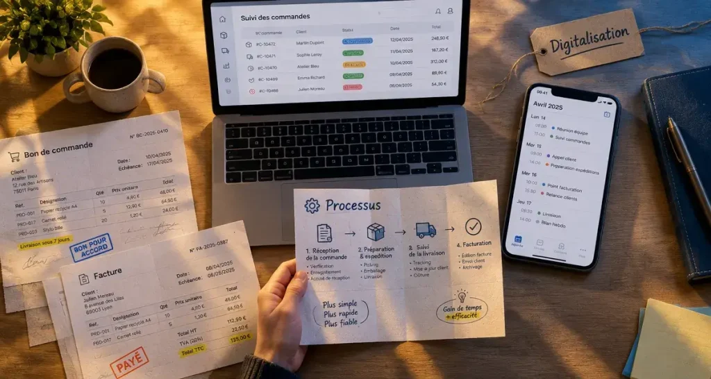 Digitalisation : ordinateur, smartphone et documents pour numériser les processus en entreprise