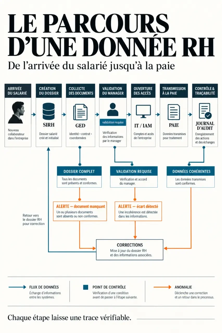 Infographie d'une solution ressources humaines reliant dossier salarié, validations, paie et traçabilité