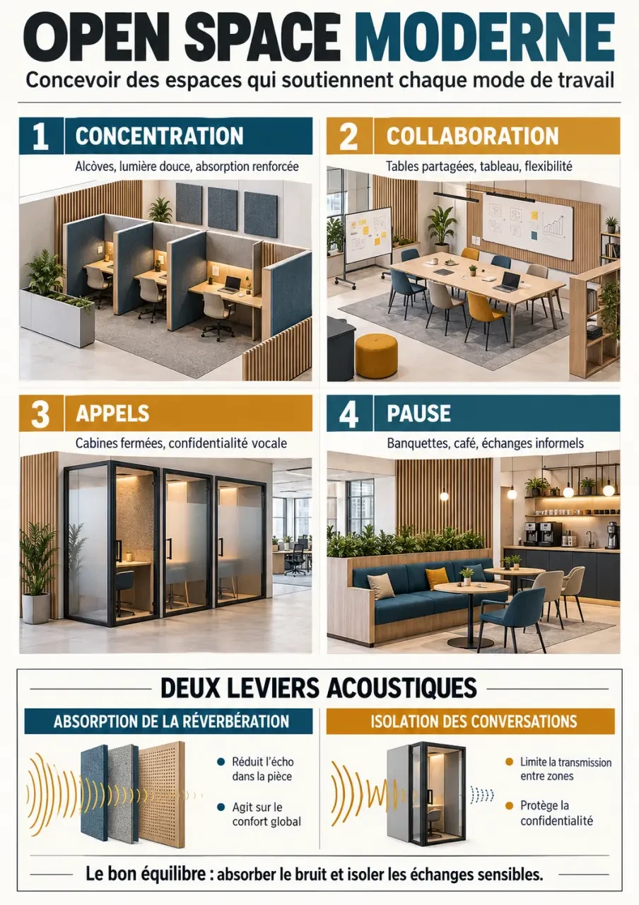 Infographie sur les zones et l’acoustique d’un open space moderne