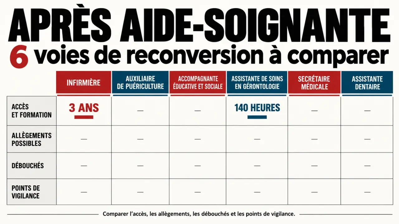 Infographie comparative sur la reconversion professionnelle aide soignante et les métiers accessibles