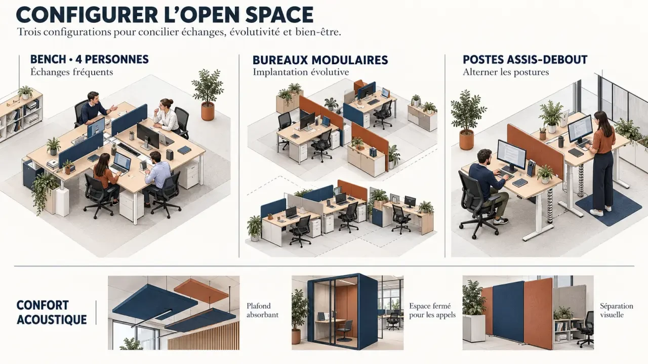 Bureau open space avec comparaison visuelle des configurations bench, bureaux individuels et assis-debout