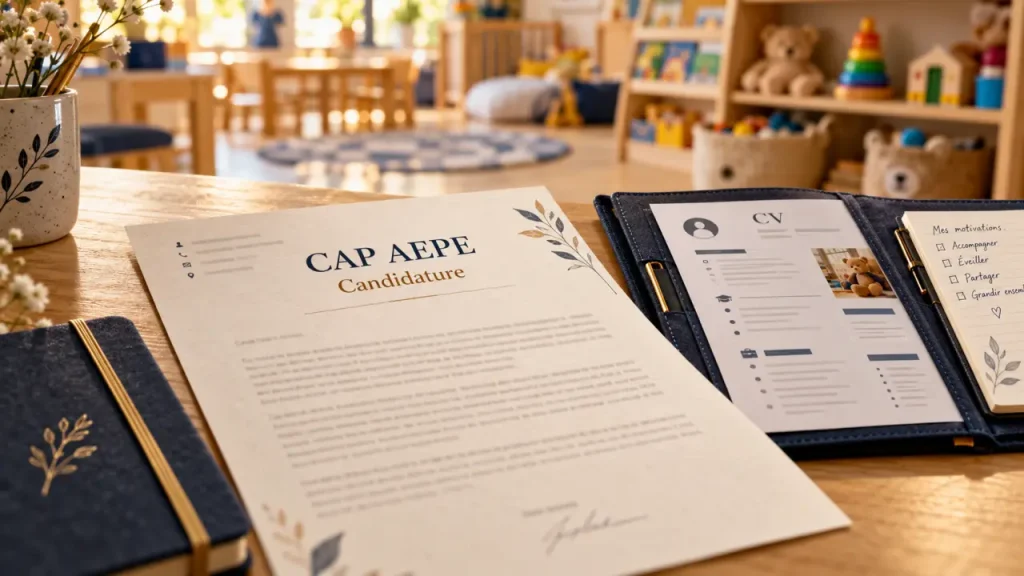 Lettre de motivation petite enfance CAP AEPE sur bureau, candidature