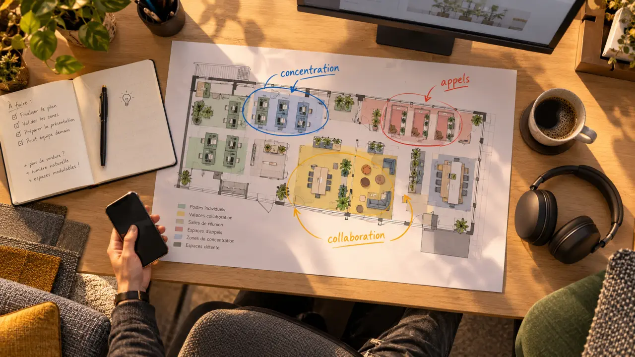 Open space moderne avec zones de concentration, appels et collaboration, pour un calme durable