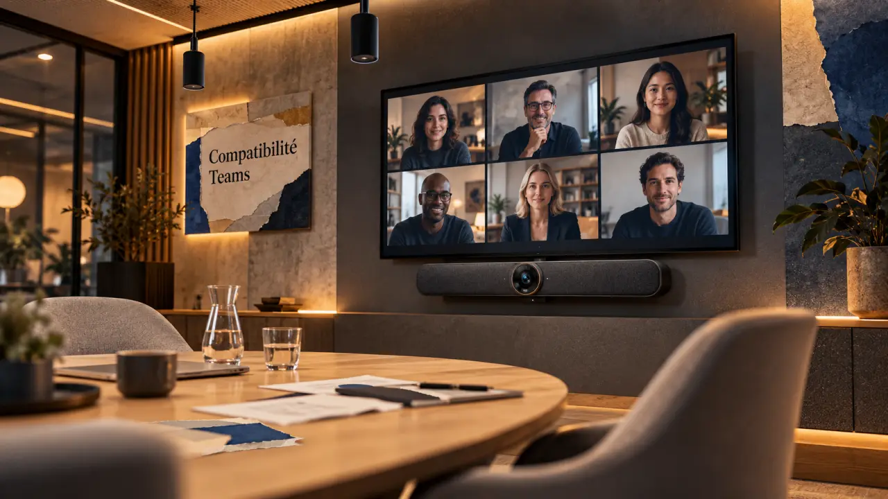 Salle visioconférence professionnelle : audio et salle prêts avant 4K, écran Teams